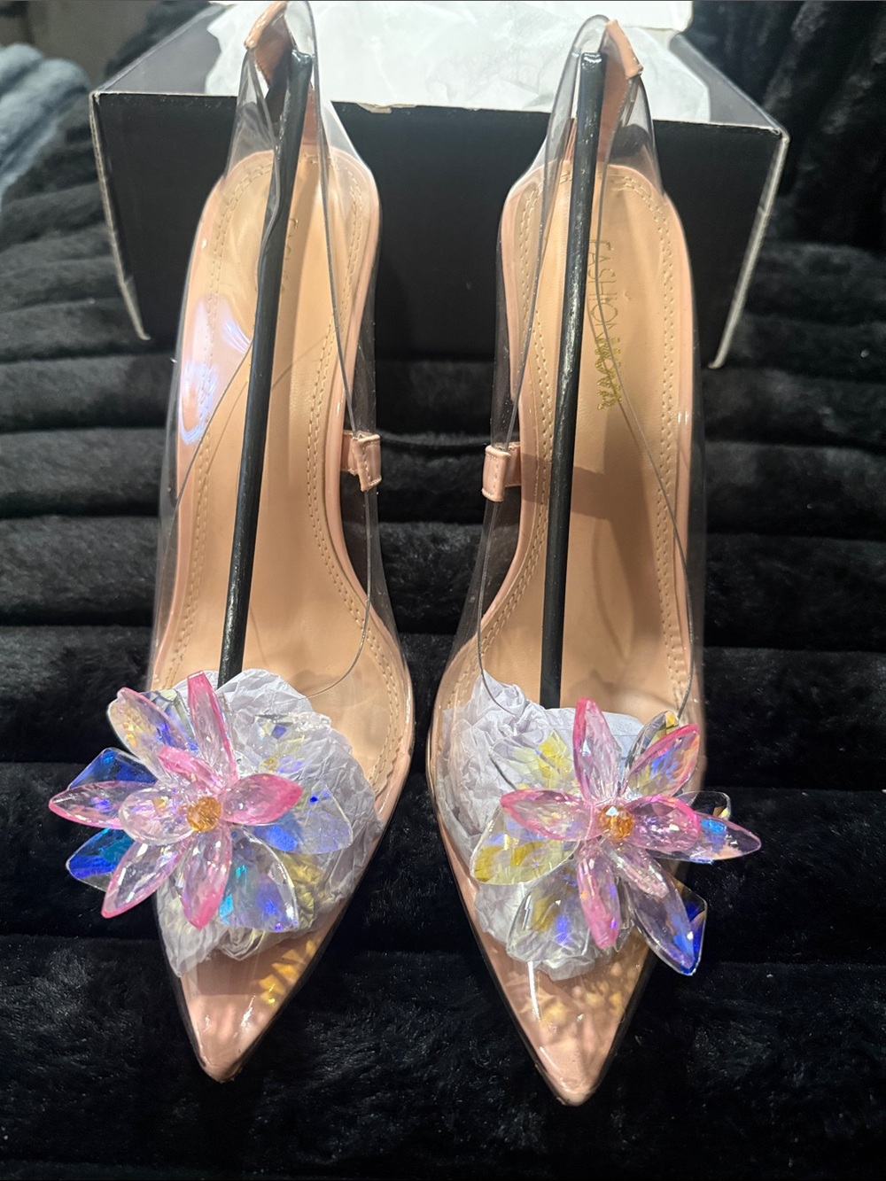 Clear Floral Embellished Stiletto Sandal - Blush